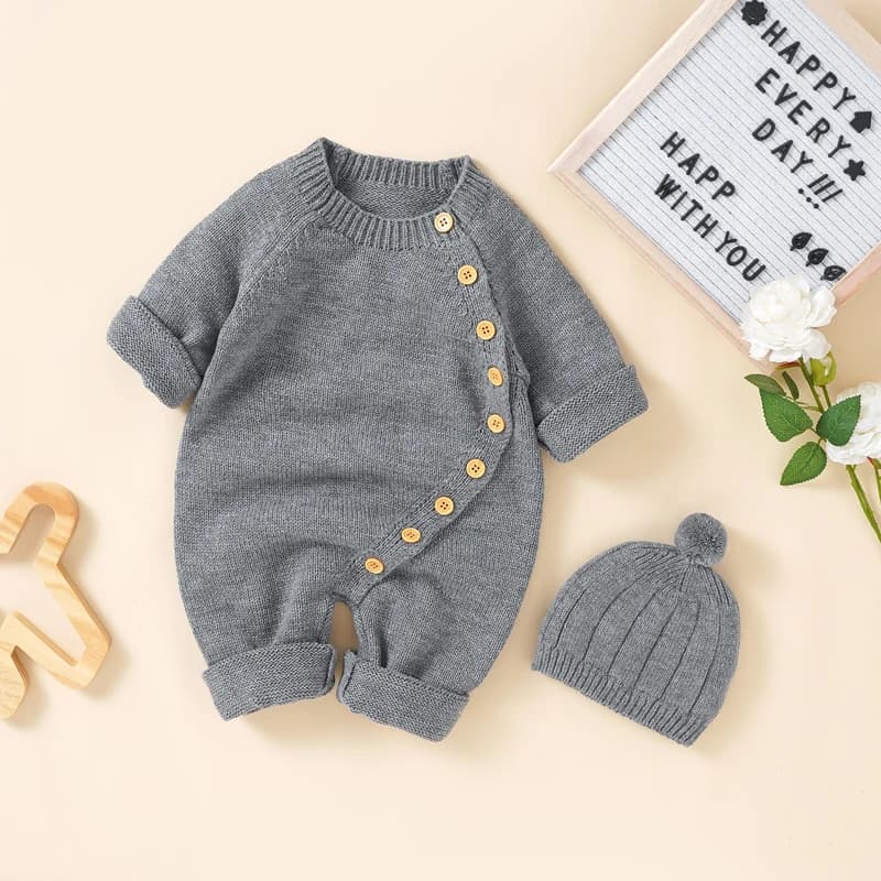 Baby Rompers Clothes Spring Autumn Solid Full Sleeve Knitted Newborn Infant Boys Girls Jumpsuits Hats Outfits Sets 0-18m Costume