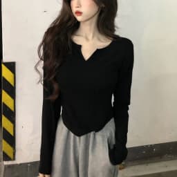 Women Long Sleeve T Shirt Spring Autumn Y2k Crop Top Casual Slim Fit Pullovers Korean V-Neck Top Streetwear Female Basic Tees