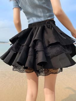 Black Patchwork Lace Short Women Cake Skirt With Lace Up High Waist Preppy Style Cute Ball Gown Kawaii Skirts Girls