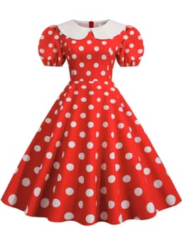 Elegant Women Summer Dress Puff Short Sleeve Polka Dot Peter Pan Collar Vintage A-line Midi Long Party Sundress