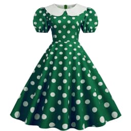 Elegant Women Summer Dress Puff Short Sleeve Polka Dot Peter Pan Collar Vintage A-line Midi Long Party Sundress