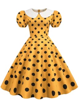 Elegant Women Summer Dress Puff Short Sleeve Polka Dot Peter Pan Collar Vintage A-line Midi Long Party Sundress