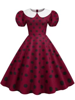 Elegant Women Summer Dress Puff Short Sleeve Polka Dot Peter Pan Collar Vintage A-line Midi Long Party Sundress