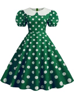 Elegant Women Summer Dress Puff Short Sleeve Polka Dot Peter Pan Collar Vintage A-line Midi Long Party Sundress