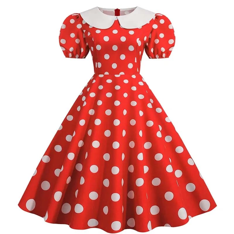 Elegant Women Summer Dress Puff Short Sleeve Polka Dot Peter Pan Collar Vintage A-line Midi Long Party Sundress