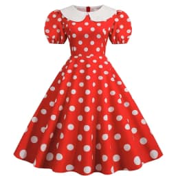Elegant Women Summer Dress Puff Short Sleeve Polka Dot Peter Pan Collar Vintage A-line Midi Long Party Sundress