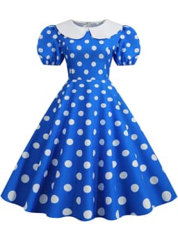 Elegant Women Summer Dress Puff Short Sleeve Polka Dot Peter Pan Collar Vintage A-line Midi Long Party Sundress