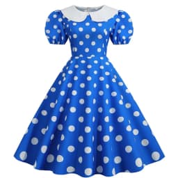 Elegant Women Summer Dress Puff Short Sleeve Polka Dot Peter Pan Collar Vintage A-line Midi Long Party Sundress