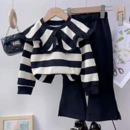 Girls' Long Sleeve Set Autumn and Winter New Girls' Large Lapel Pleated Stripe Top+Bell-bottoms Two Piece Girls' Set