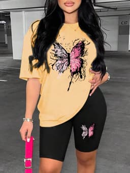 Beautiful Butterfly Pattern Print For Women Short Sleeved Shorts Set Soft Essential Two Piece Set Sports Comfortable Shorts Sets