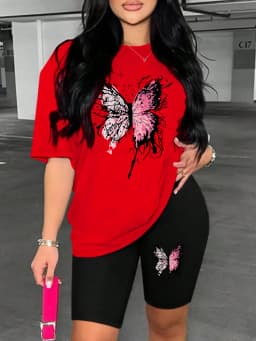 Beautiful Butterfly Pattern Print For Women Short Sleeved Shorts Set Soft Essential Two Piece Set Sports Comfortable Shorts Sets