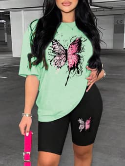 Beautiful Butterfly Pattern Print For Women Short Sleeved Shorts Set Soft Essential Two Piece Set Sports Comfortable Shorts Sets
