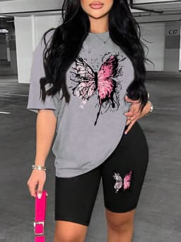 Beautiful Butterfly Pattern Print For Women Short Sleeved Shorts Set Soft Essential Two Piece Set Sports Comfortable Shorts Sets