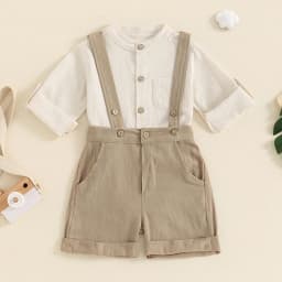 Baby clothing Boys Solid Button Pocket Cotton Linen Bodysuits+Suspender Shorts Set Newborn Outfits 0-24M
