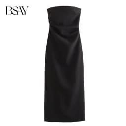 BSAY Women Fashion Summer New Sexy Split Back Zip Pleated Sleeveless Strapless Dress Chic Female French Elegant Evening