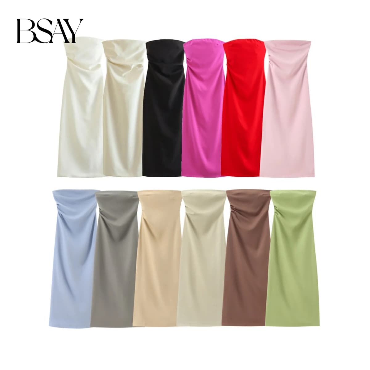 BSAY Women Fashion Summer New Sexy Split Back Zip Pleated Sleeveless Strapless Dress Chic Female French Elegant Evening