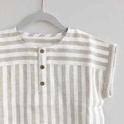 Boys Cotton And Linen Striped Casual T-Shirt 2026 Summer New Children's Round Neck Buttons Short-Sleeved Linen Tops TZ417