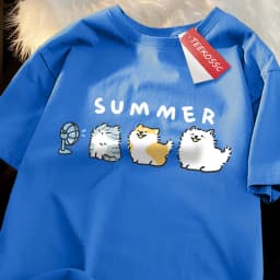 Cats And Dogs Blowing Fans Print T Shirts Men Women Cute Crewneck Clothes Loose Summer T-Shirts Fashion Cotton Short Sleeve