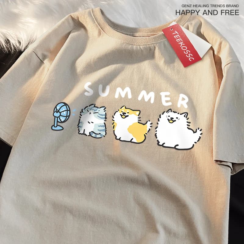 Cats And Dogs Blowing Fans Print T Shirts Men Women Cute Crewneck Clothes Loose Summer T-Shirts Fashion Cotton Short Sleeve