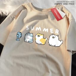 Cats And Dogs Blowing Fans Print T Shirts Men Women Cute Crewneck Clothes Loose Summer T-Shirts Fashion Cotton Short Sleeve