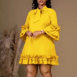 Elegant Office Ladies Dresses Bow Collar Flare Sleeve Ruffles Knee Length Fashion Female Business Work Wear Vestidos Mujer Dress