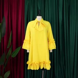 Elegant Office Ladies Dresses Bow Collar Flare Sleeve Ruffles Knee Length Fashion Female Business Work Wear Vestidos Mujer Dress