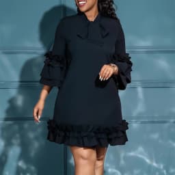 Elegant Office Ladies Dresses Bow Collar Flare Sleeve Ruffles Knee Length Fashion Female Business Work Wear Vestidos Mujer Dress