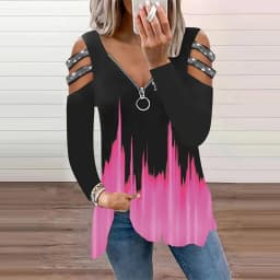 Gradient Color Zipper V Neck T-shirt Casual Loose Off Shoulder Long Sleeve Fashion T-Shirts Tops Women's Clothing
