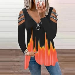 Gradient Color Zipper V Neck T-shirt Casual Loose Off Shoulder Long Sleeve Fashion T-Shirts Tops Women's Clothing