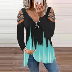 Gradient Color Zipper V Neck T-shirt Casual Loose Off Shoulder Long Sleeve Fashion T-Shirts Tops Women's Clothing