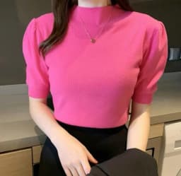 Women's Korean Puff Sleeve Knitted Blouse, Half Turtleneck, Slim Tank Tops, Casual Shirt, Summer Fashion, 2024 New, 18848