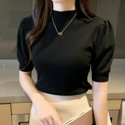 Women's Korean Puff Sleeve Knitted Blouse, Half Turtleneck, Slim Tank Tops, Casual Shirt, Summer Fashion, 2024 New, 18848
