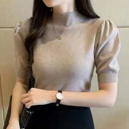 Women's Korean Puff Sleeve Knitted Blouse, Half Turtleneck, Slim Tank Tops, Casual Shirt, Summer Fashion, 2024 New, 18848