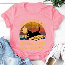 Hot Life Is Better With Coffee Cats And Books Print T-Shirt Loose Short Sleeve Harajuku Casual Tops Women Men T-Shirt