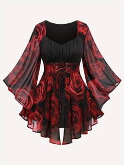 Popular European and American Spring and Autumn New Large-Size Women's Clothing with Rose Print, Drawstring, Irregular Bat Sleev