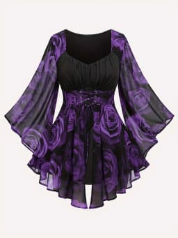 Popular European and American Spring and Autumn New Large-Size Women's Clothing with Rose Print, Drawstring, Irregular Bat Sleev