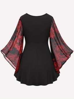 Popular European and American Spring and Autumn New Large-Size Women's Clothing with Rose Print, Drawstring, Irregular Bat Sleev