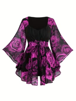 Popular European and American Spring and Autumn New Large-Size Women's Clothing with Rose Print, Drawstring, Irregular Bat Sleev