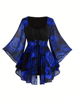Popular European and American Spring and Autumn New Large-Size Women's Clothing with Rose Print, Drawstring, Irregular Bat Sleev