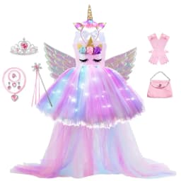 Kids Long Tail Unicorn Dress with LED Lights Girls Birthday Party Dress Princess Carnival Costume Hairband Pastel Rainbow Gown