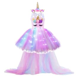 Kids Long Tail Unicorn Dress with LED Lights Girls Birthday Party Dress Princess Carnival Costume Hairband Pastel Rainbow Gown