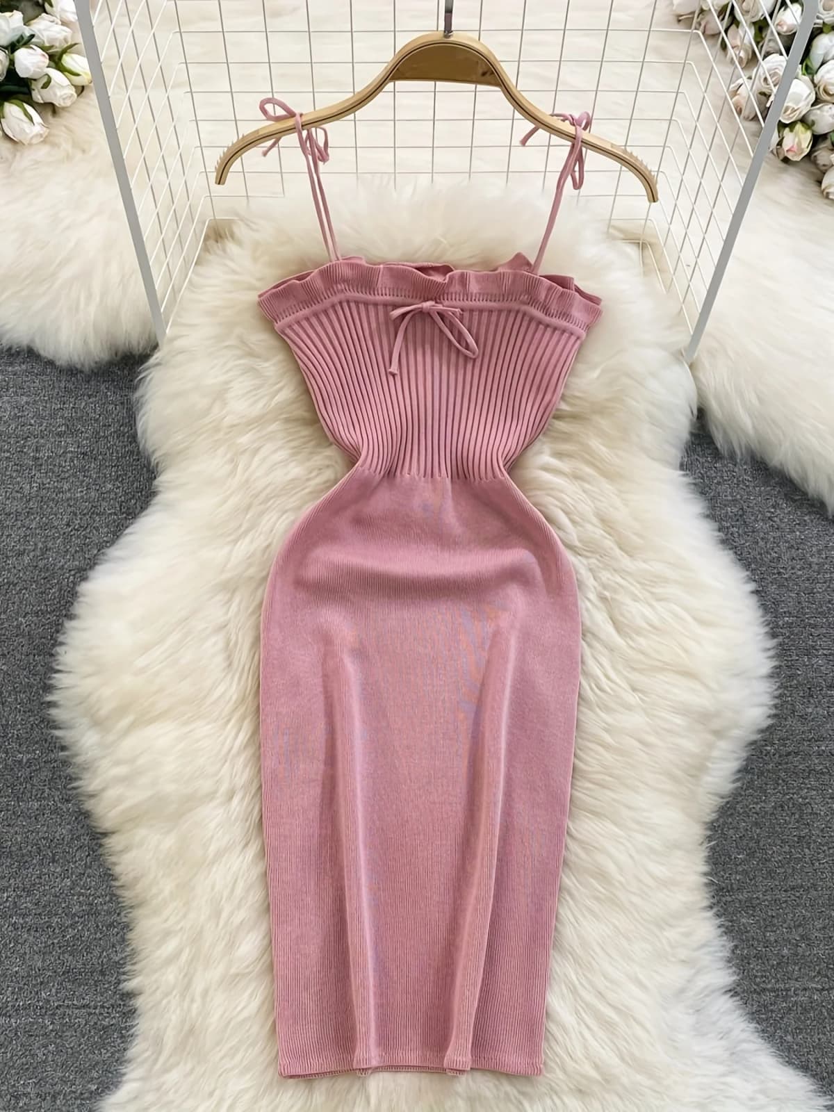 2024 Ribbed Lace Up Dress Elegant Solid Slim Ruffle Trim Dress Women's Clothing Bodycon Short Mini Dress