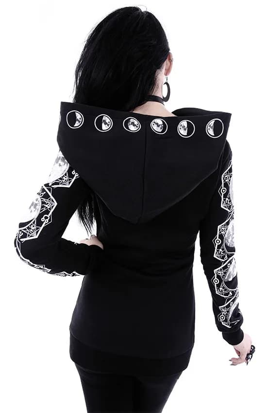 Pop Black Punk Peng Hooded Moon-printed Long-sleeved Sweater