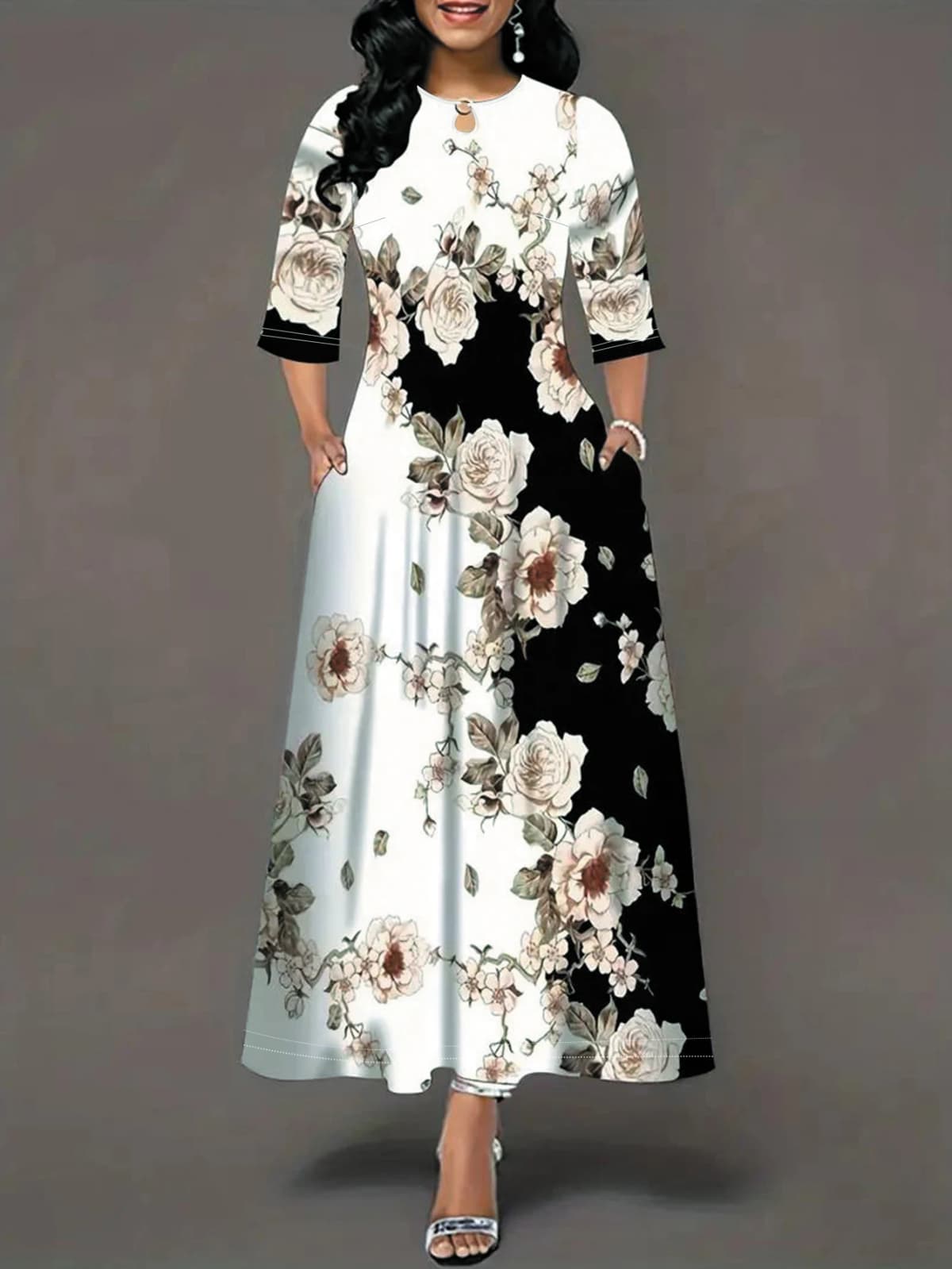Women's Casual Dress, Plus Size Print Half Sleeve Round Neck Maxi Dress With Pockets