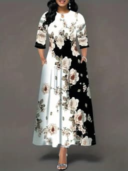 Women's Casual Dress, Plus Size Print Half Sleeve Round Neck Maxi Dress With Pockets