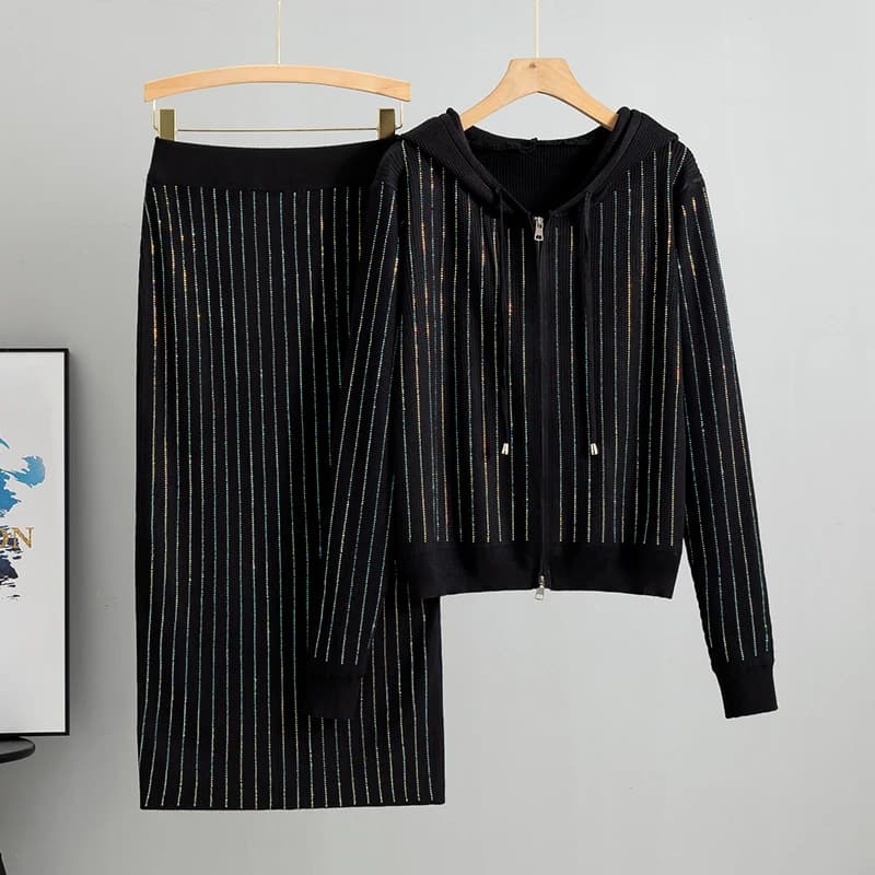 2025 new women's Knitted Cardigan High Waisted Buttocks Wrapped Skirt 2 Piece Suits Luxury Hot Diamond Fashion Sets