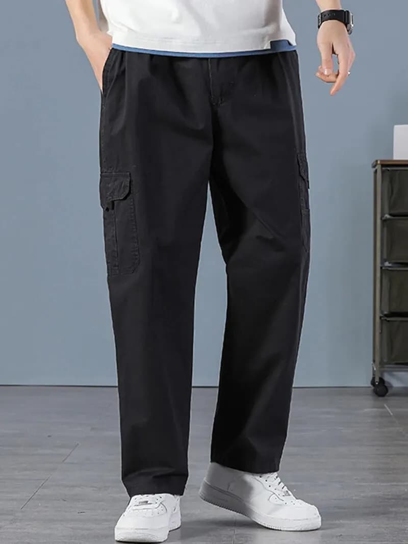 Men's 100% Cotton Straight Black Joggers Male Pants Outdoor Overalls Cargo Pants Fashion Streetwear Pocke