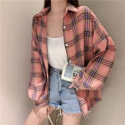 Women Tartan Shirt Long Sleeve Collared Button Up Oversized Plaid Shirt Jacket Grunge Fashion Teenage Girl Spring Summer Outfit