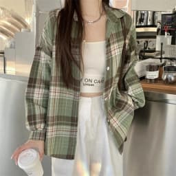 Women Tartan Shirt Long Sleeve Collared Button Up Oversized Plaid Shirt Jacket Grunge Fashion Teenage Girl Spring Summer Outfit