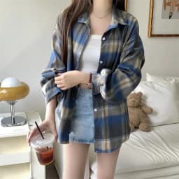 Women Tartan Shirt Long Sleeve Collared Button Up Oversized Plaid Shirt Jacket Grunge Fashion Teenage Girl Spring Summer Outfit